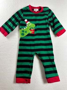 Honeydew Intimates Christmas Green and Black Striped Dinosaur Applique Romper 6-